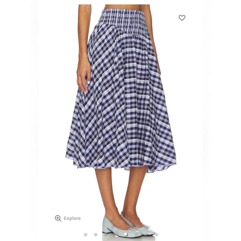 Free People Plaid Midi Skirt Cottagecore Navy Blue Size M Smocked Waist Pockets